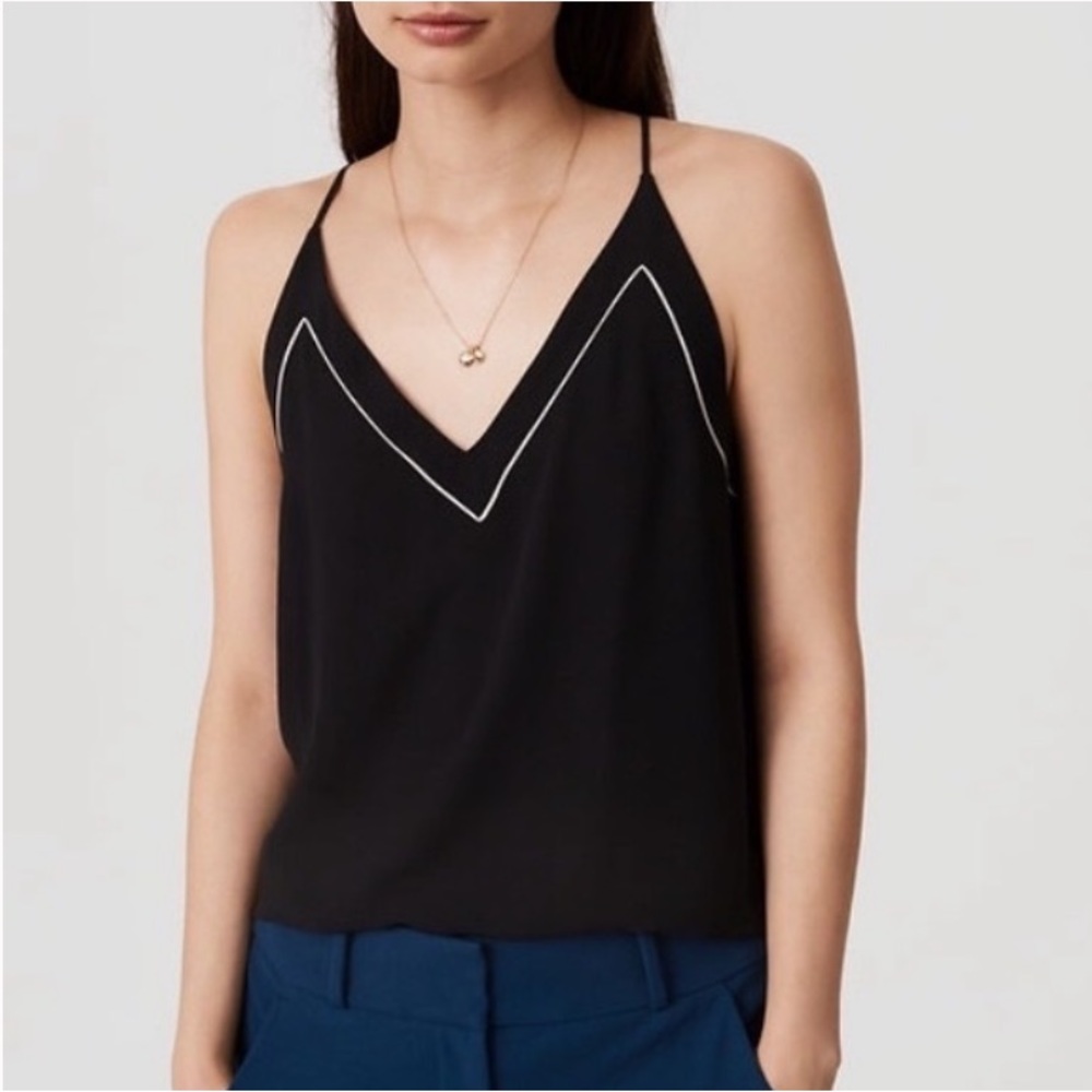 Ann Taylor LOFT Black V-Neck Camisole White Piping Detail Size Small EUC